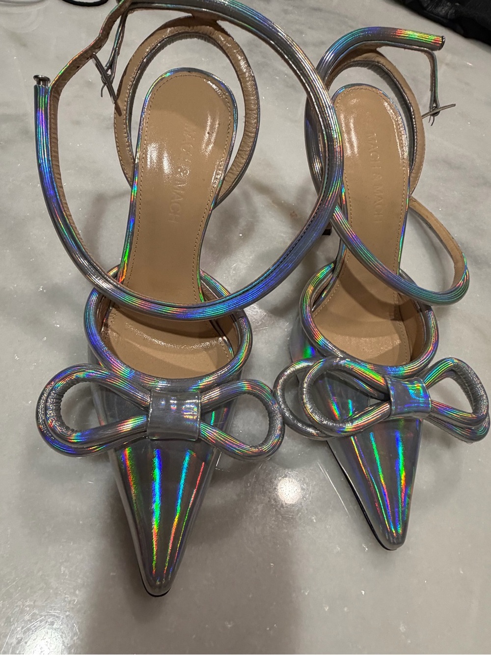 MACH & MACH Iridescent Silver Pointed-Toe Bow Ankle-Strap Heels